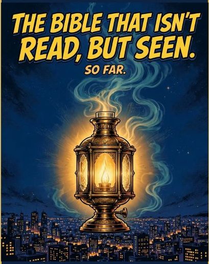 Cover of The Bible That Isn't Read, But Seen — So Far: a glowing lamp over the city